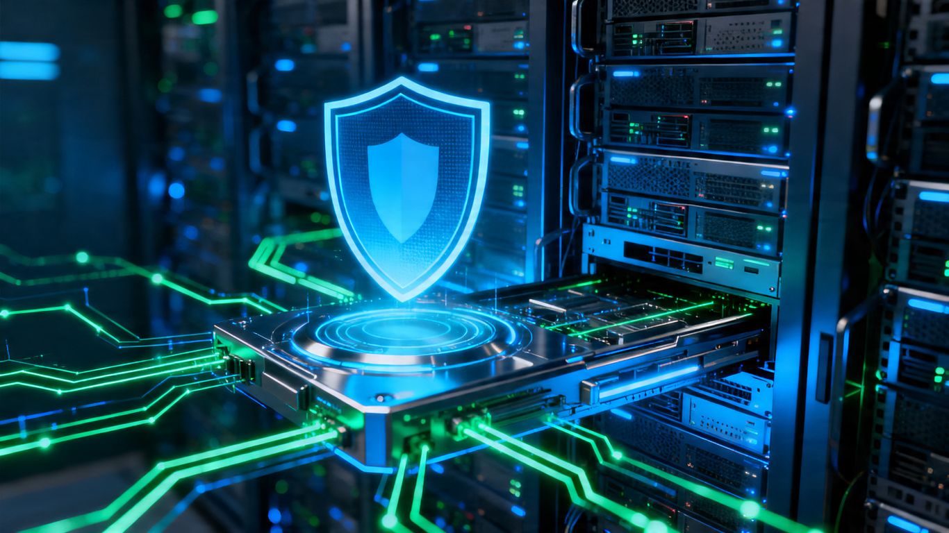 Digital firewall interface with glowing network lines and shield icon.