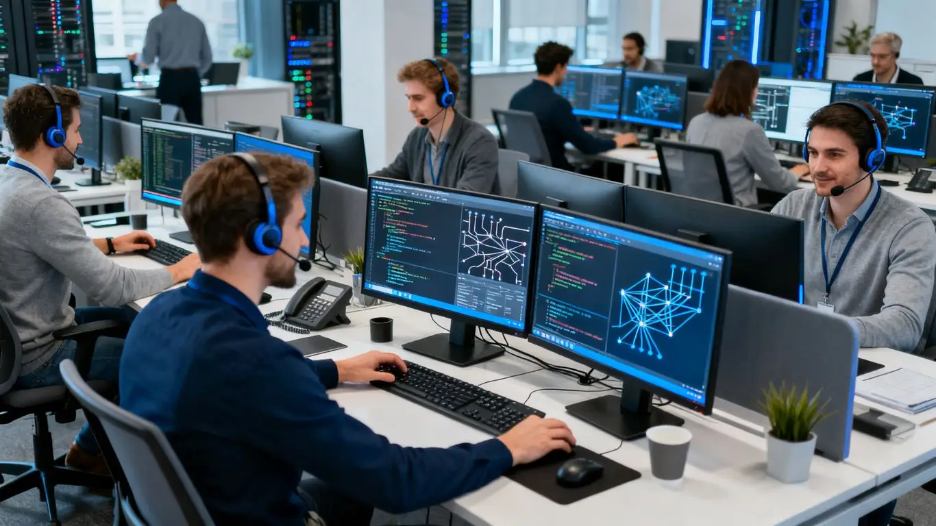 IT helpdesk professionals working in a modern office.