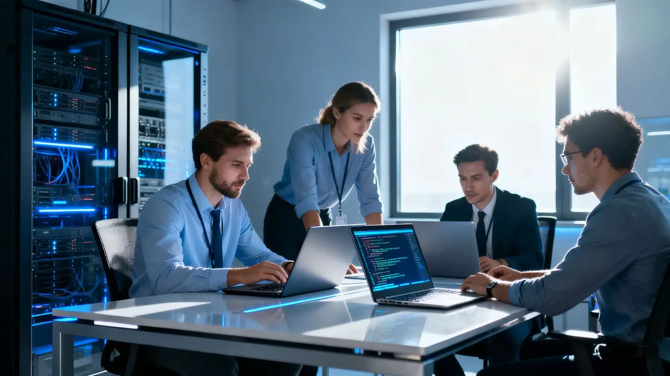 IT professionals working together in a modern office.