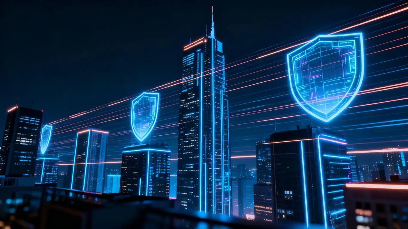 Futuristic cityscape with digital shields protecting skyscrapers.