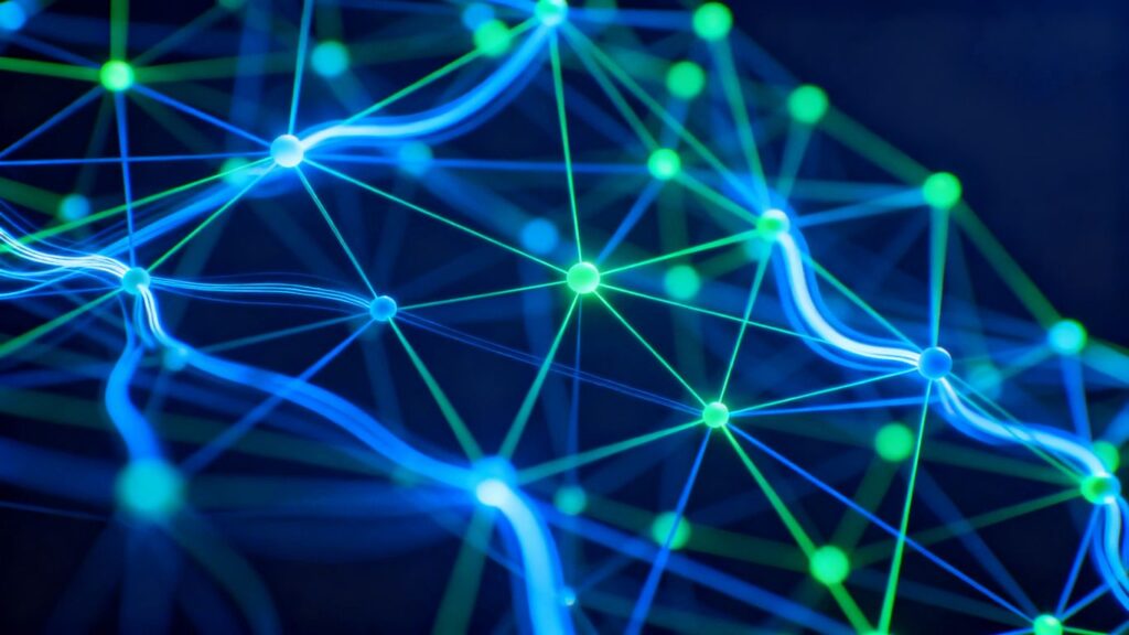 Abstract network connections with glowing nodes and lines.