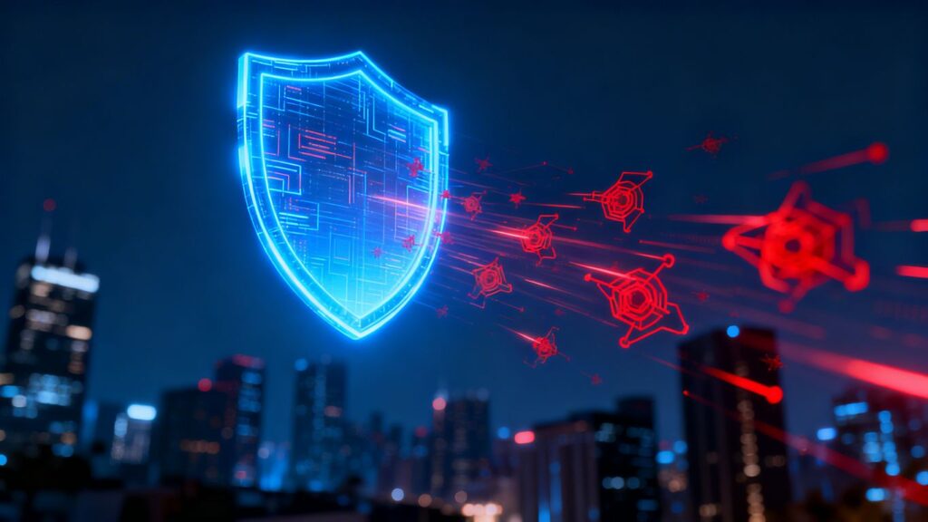 Digital shield protecting city from cyber threats.