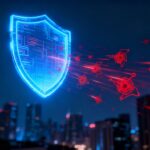Digital shield protecting city from cyber threats.