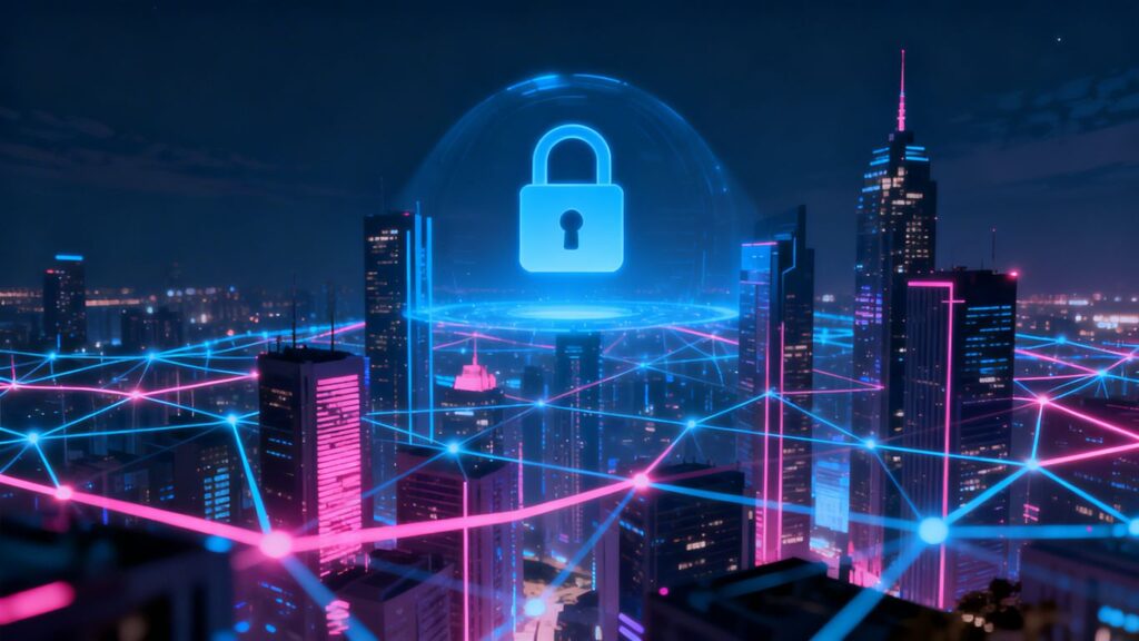 Futuristic city with glowing network lines and a padlock.