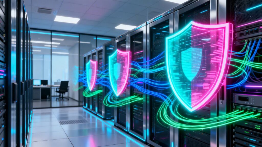 Digital shields protecting servers in a modern office.