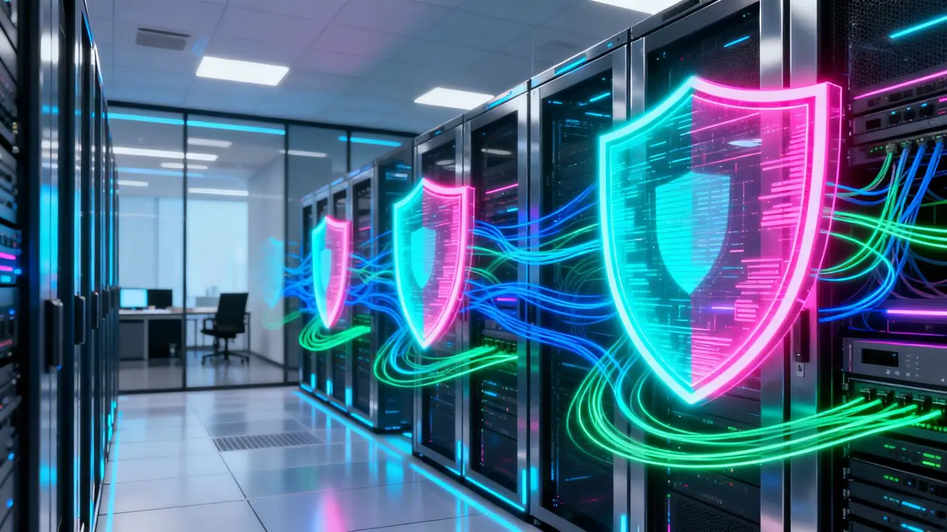 Digital shields protecting servers in a modern office.