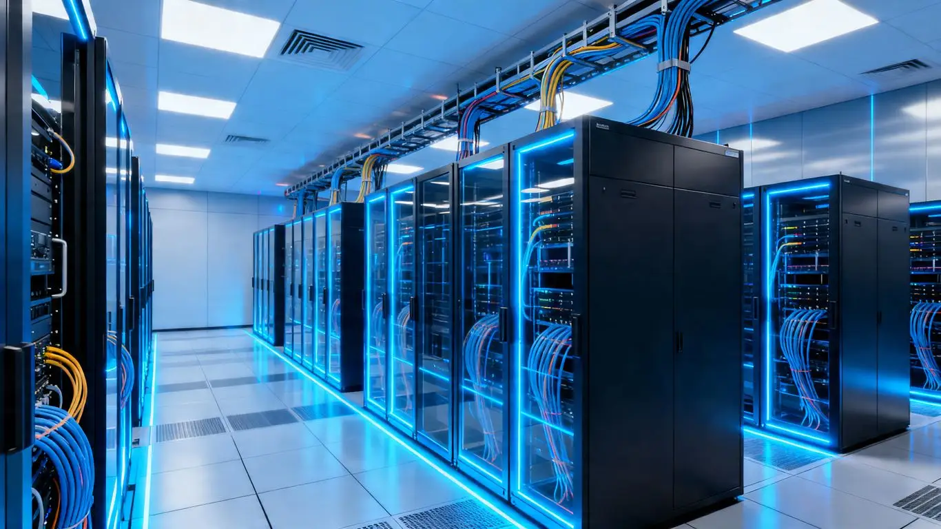 Futuristic server room with glowing blue lights and modern hardware.