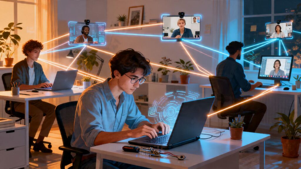 IT professionals working remotely on laptops and screens.