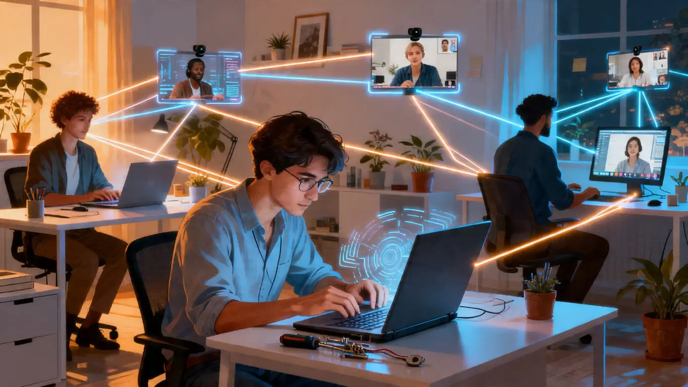 IT professionals working remotely on laptops and screens.