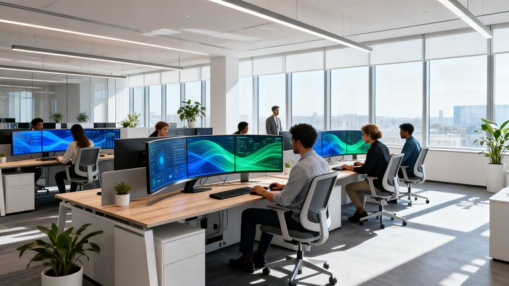 Modern IT helpdesk with team and advanced technology.