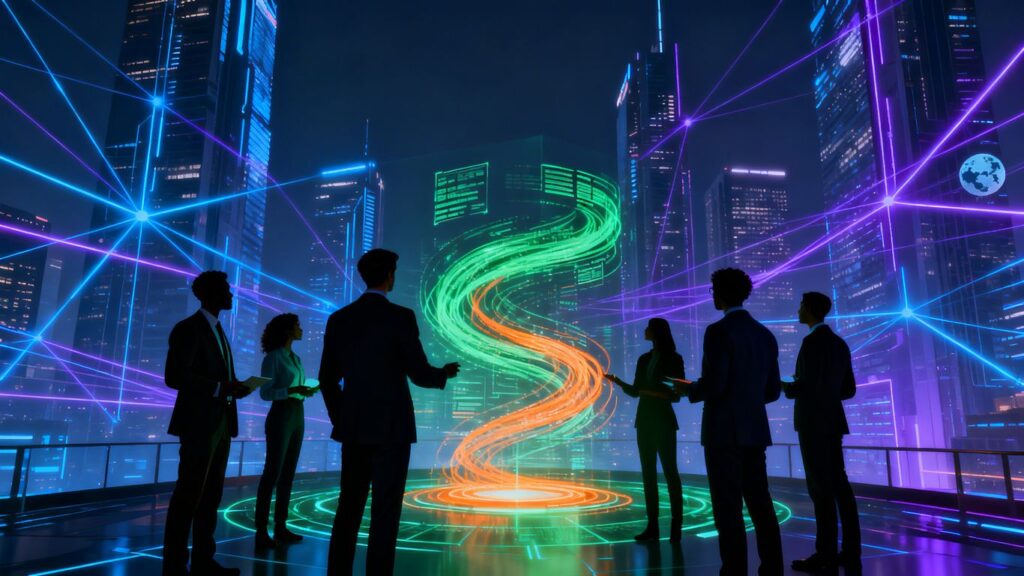 Futuristic cityscape with digital connections and professionals collaborating.