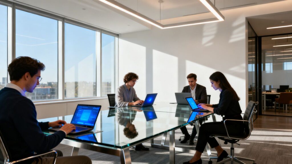 Business professionals collaborating with Microsoft 365 tools.