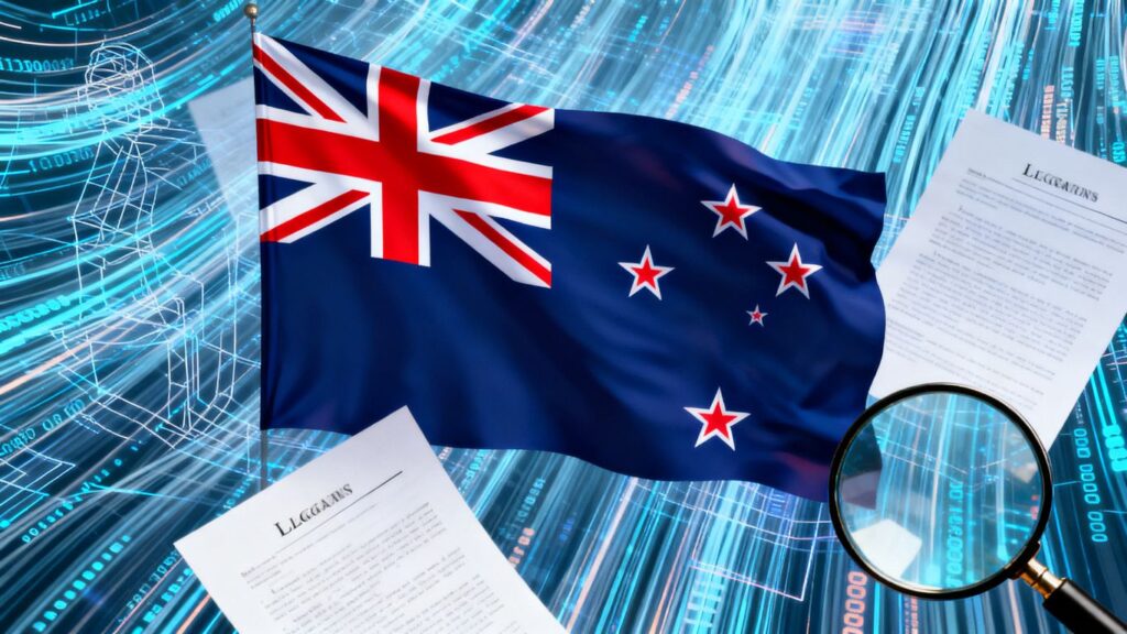 New Zealand flag with digital data streams and legal icons.