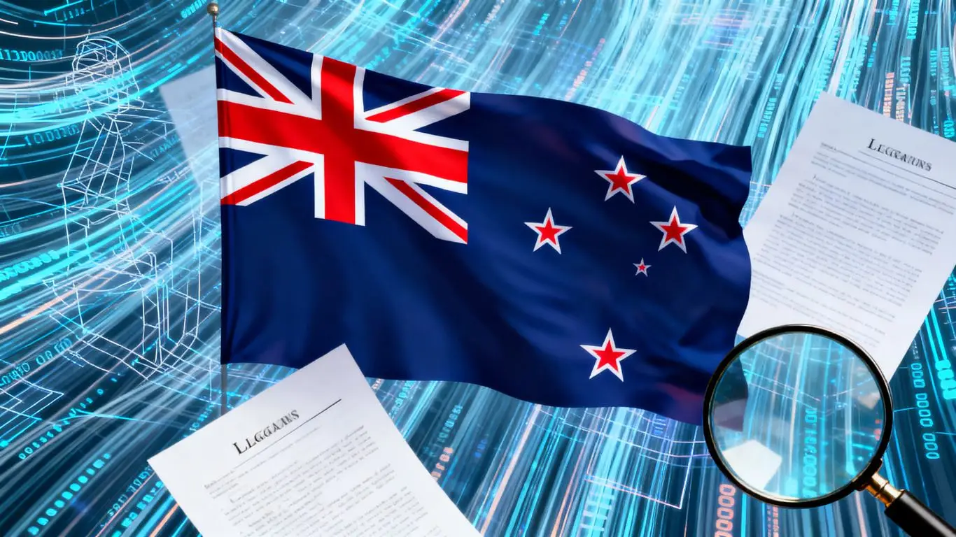 New Zealand flag with digital data streams and legal icons.