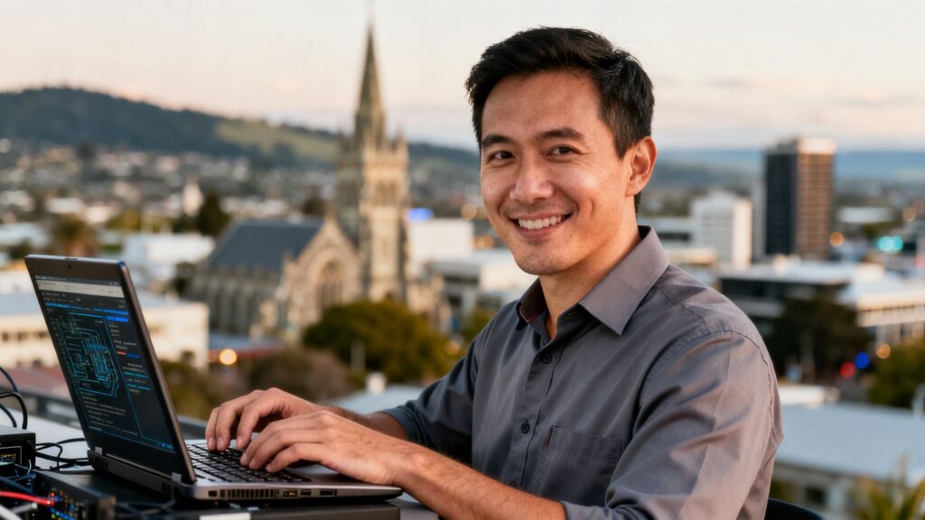 Microsoft 365 support technician in Christchurch working on laptop.