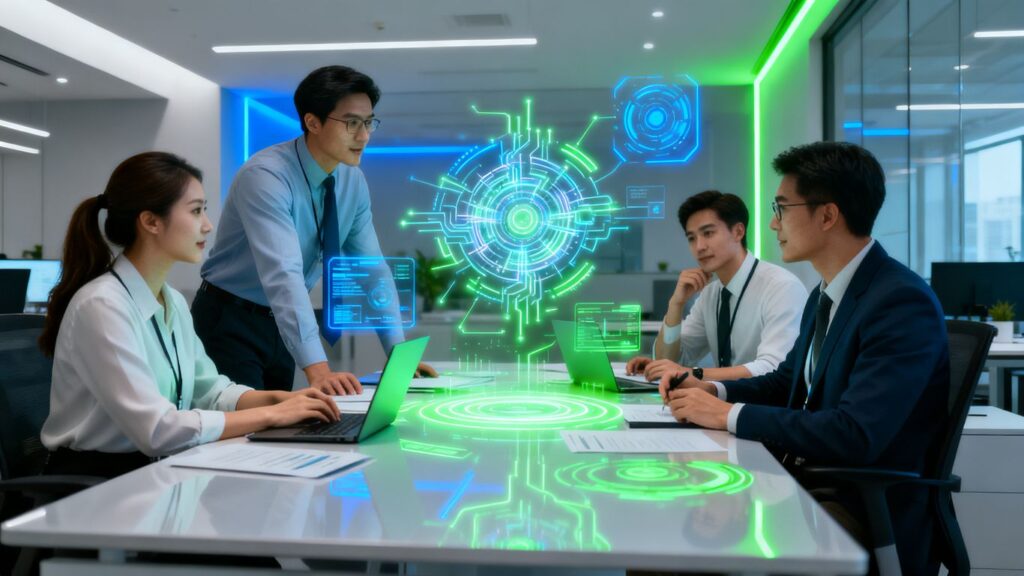 Accountants using AI tools in a modern office.