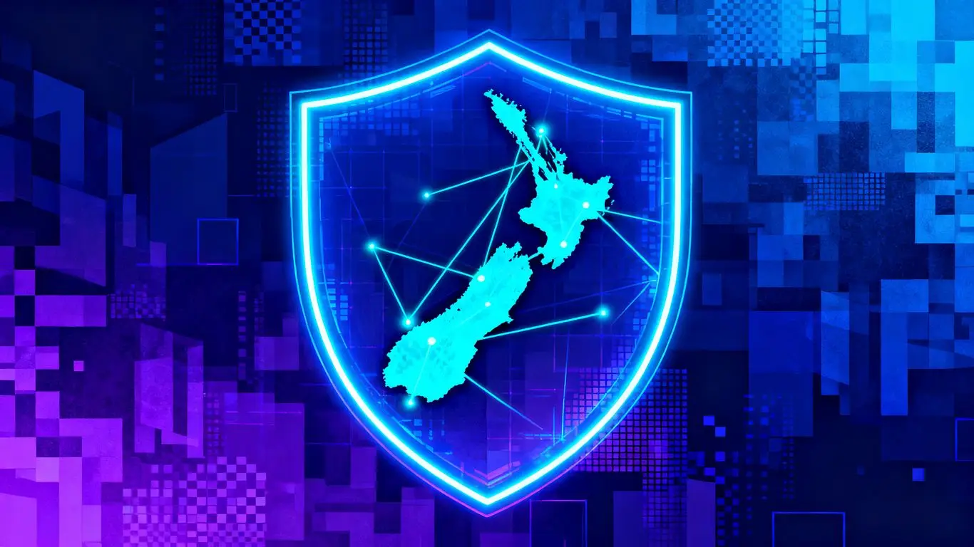 New Zealand cyber security shield with glowing network connections.