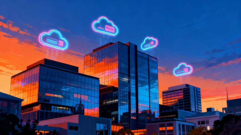 Christchurch skyline with digital cloud icons