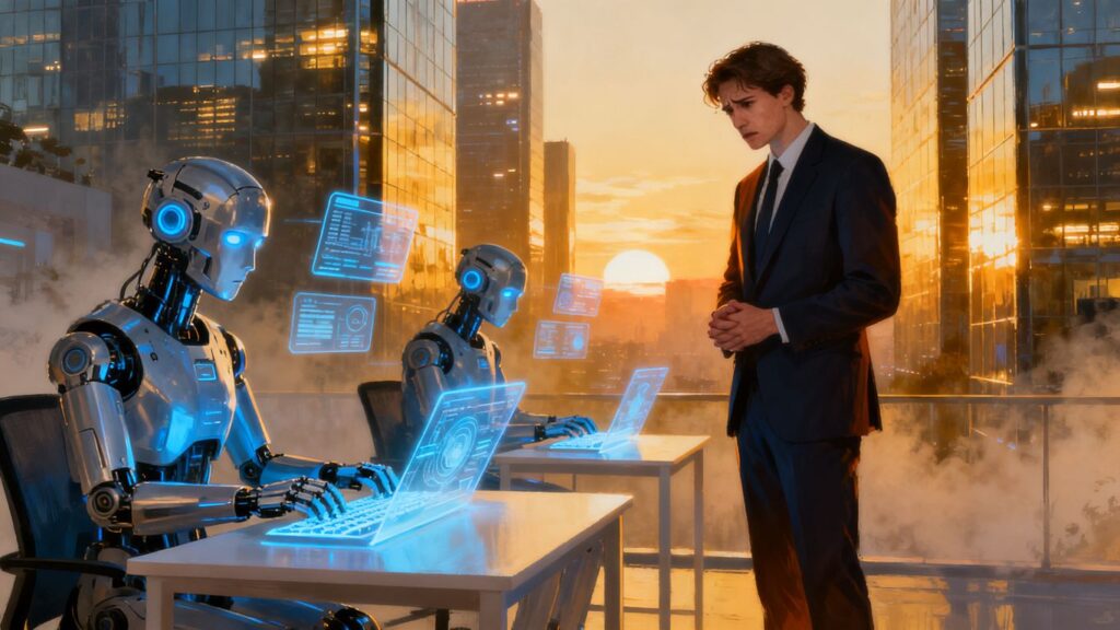 Robots automating white-collar jobs, people looking concerned.