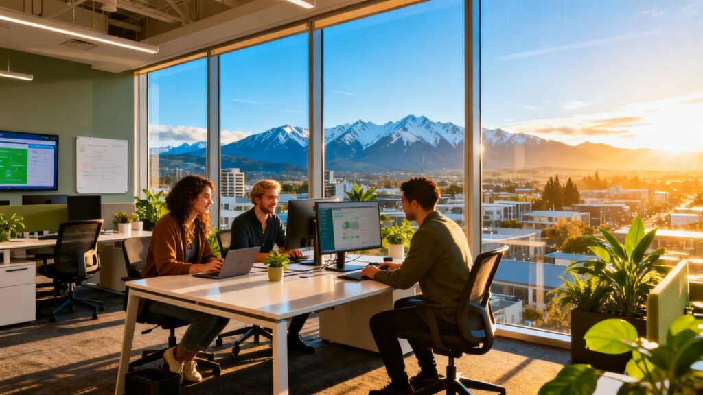 Christchurch IT outsourcing team collaborating in modern office.