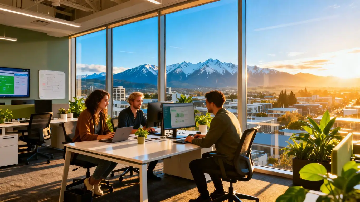 Christchurch IT outsourcing team collaborating in modern office.