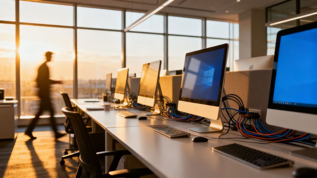 Modern IT support office with computers and sunlight.