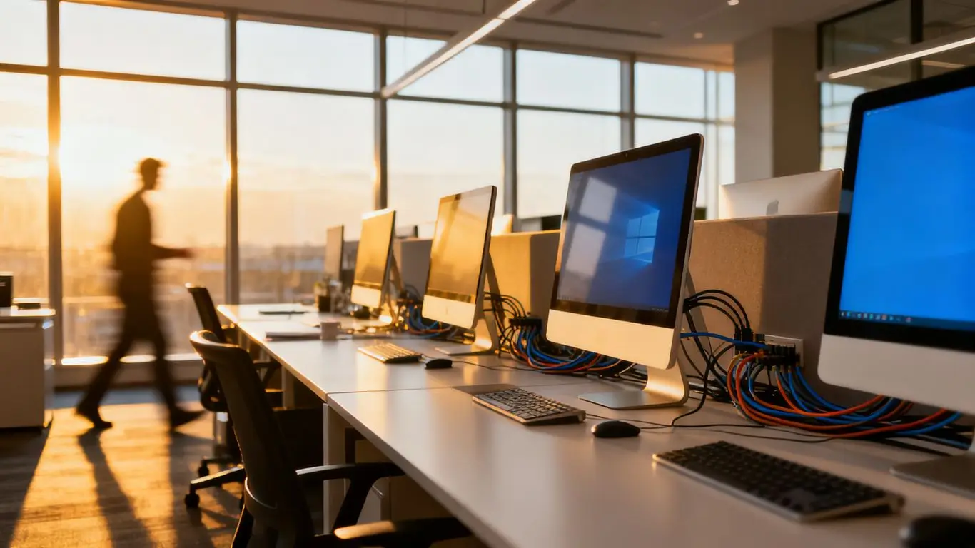 Modern IT support office with computers and sunlight.