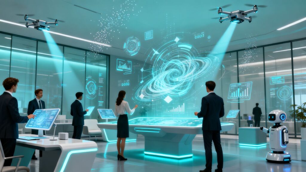 AI tools boosting business productivity in a futuristic office.