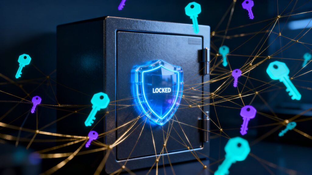 Secure digital vault with glowing access keys and network lines.