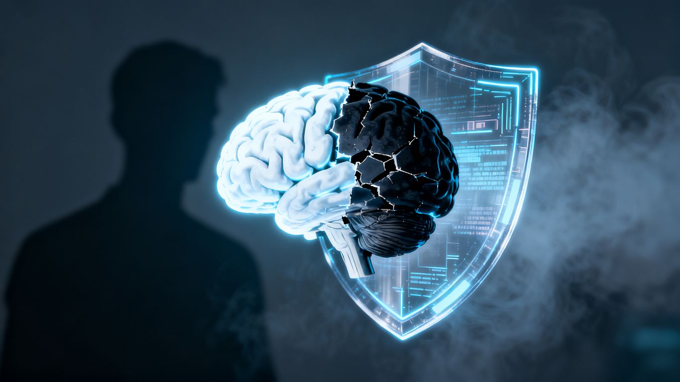 AI brain with a digital shield, split between light and dark.