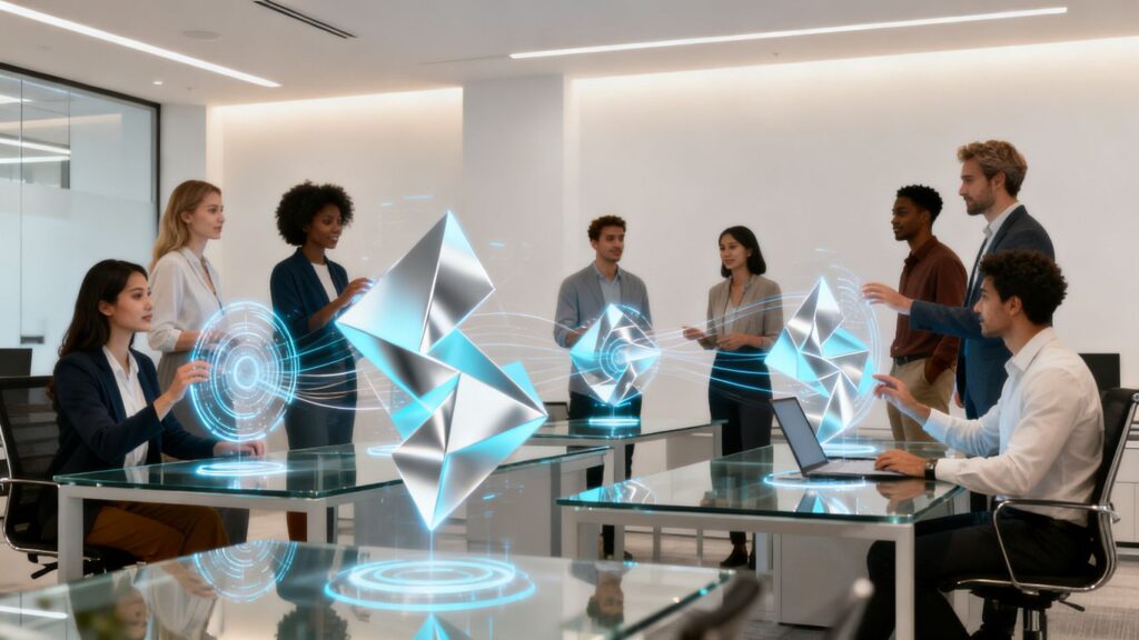 Business professionals interacting with futuristic AI interfaces.