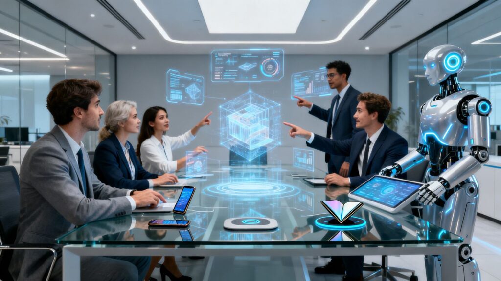 Business team with futuristic AI technology in office