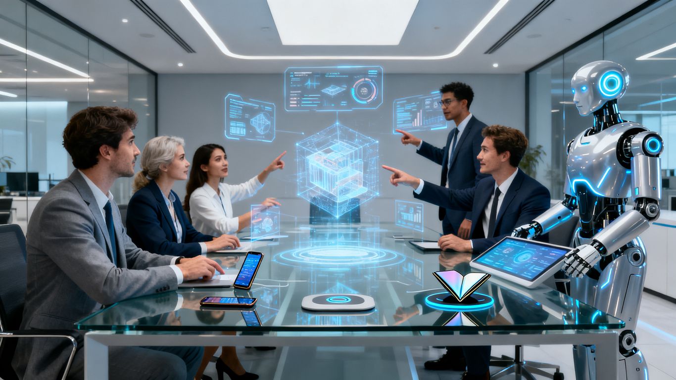 Business team with futuristic AI technology in office