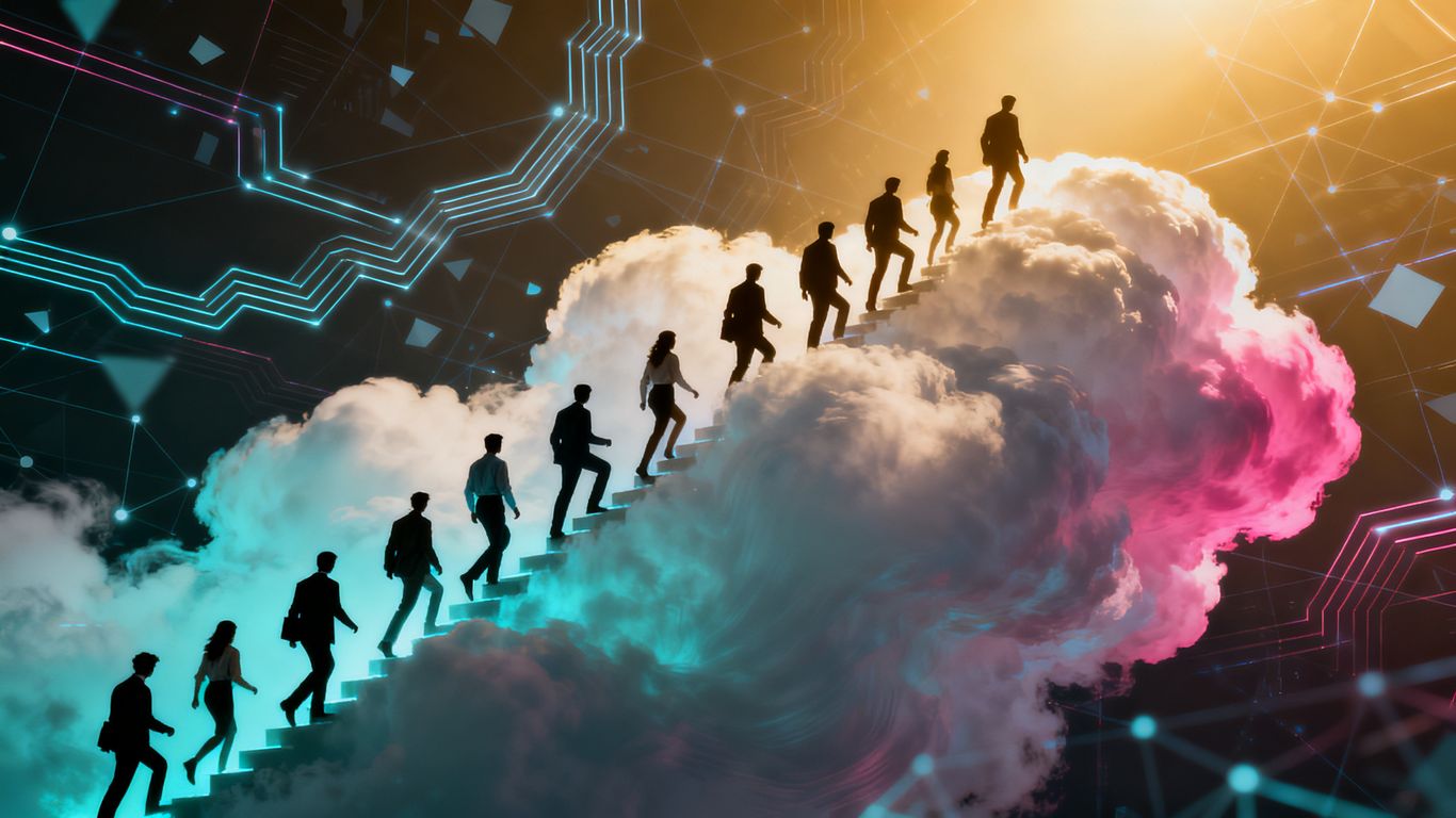 Business professionals ascending a glowing cloud formation.