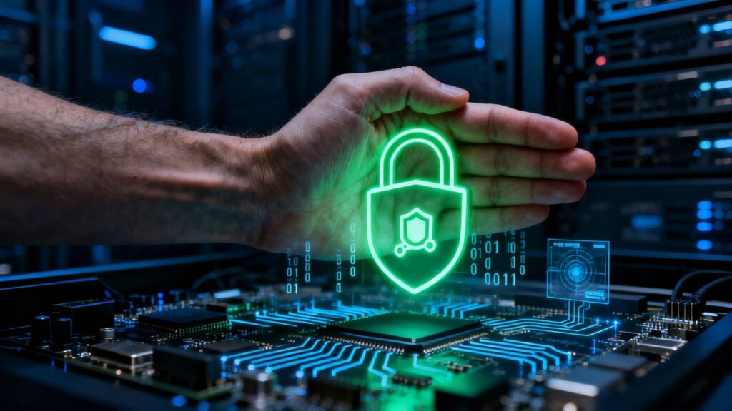 Hand protecting a circuit board with a glowing digital security shield icon