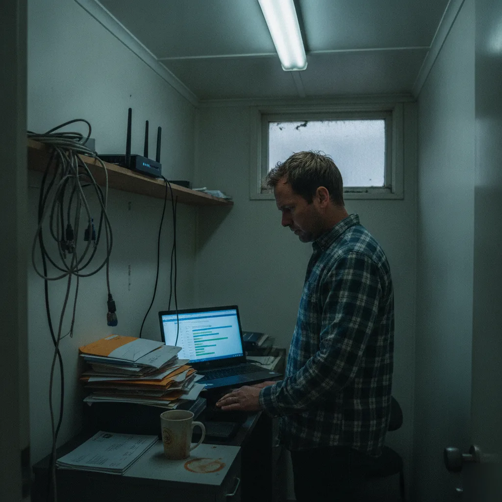 IT technician configuring network security controls in a small business server cupboard