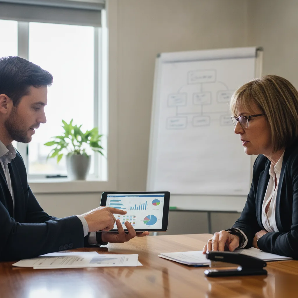 Two colleagues reviewing a cyber security controls dashboard on a tablet in a meeting room