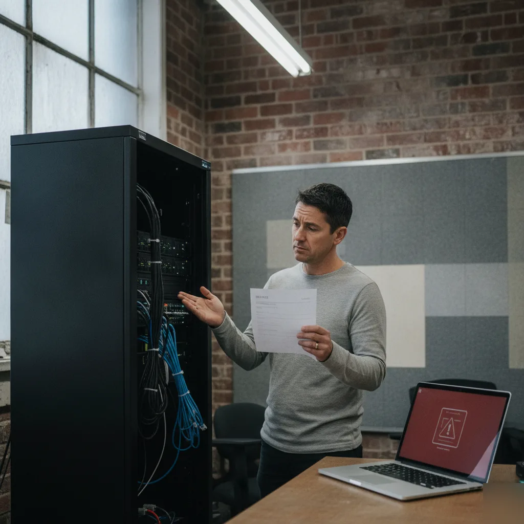 Unmanaged server rack with a red alert - technology without a solution is a risk
