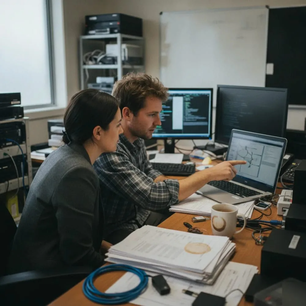 IT auditor reviewing cyber security audit findings with a client in a Christchurch office