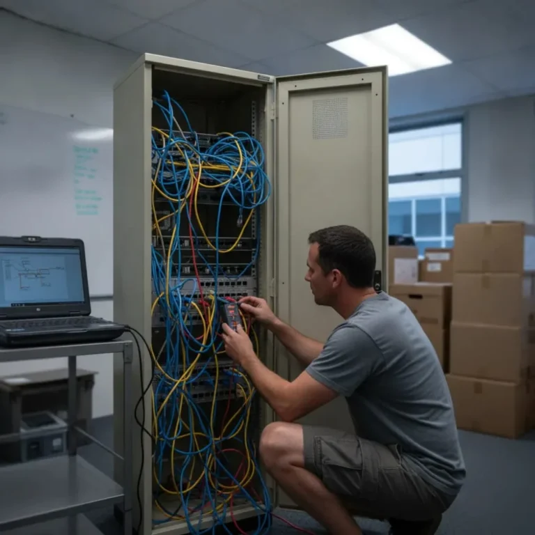 Technician testing network cables during onsite IT support visit in Christchurch office
