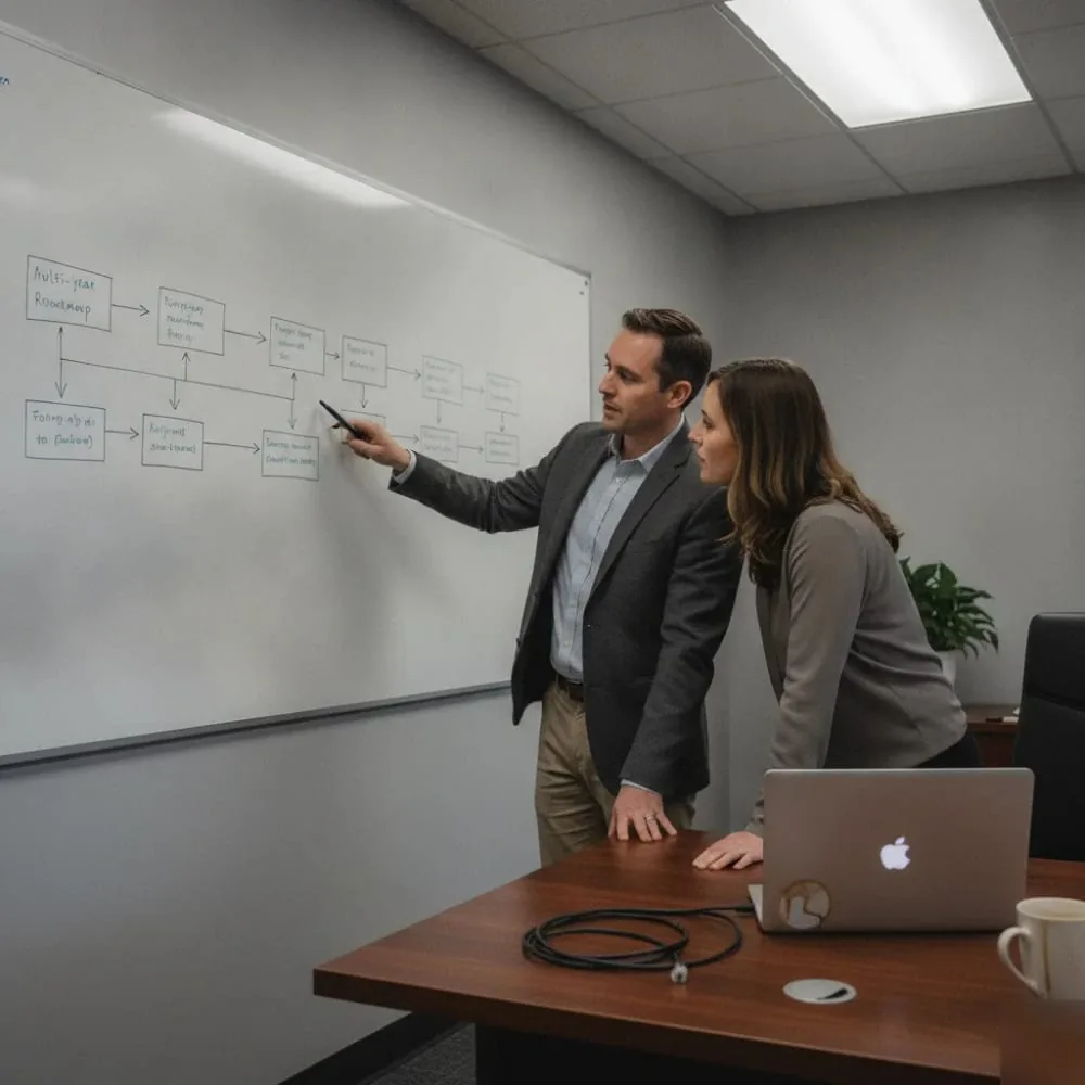 Virtual CIO consultant reviewing a multi-year technology roadmap with a client in a Christchurch office