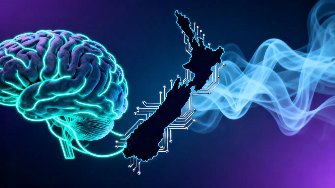 New Zealand map with glowing AI circuits and abstract light.
