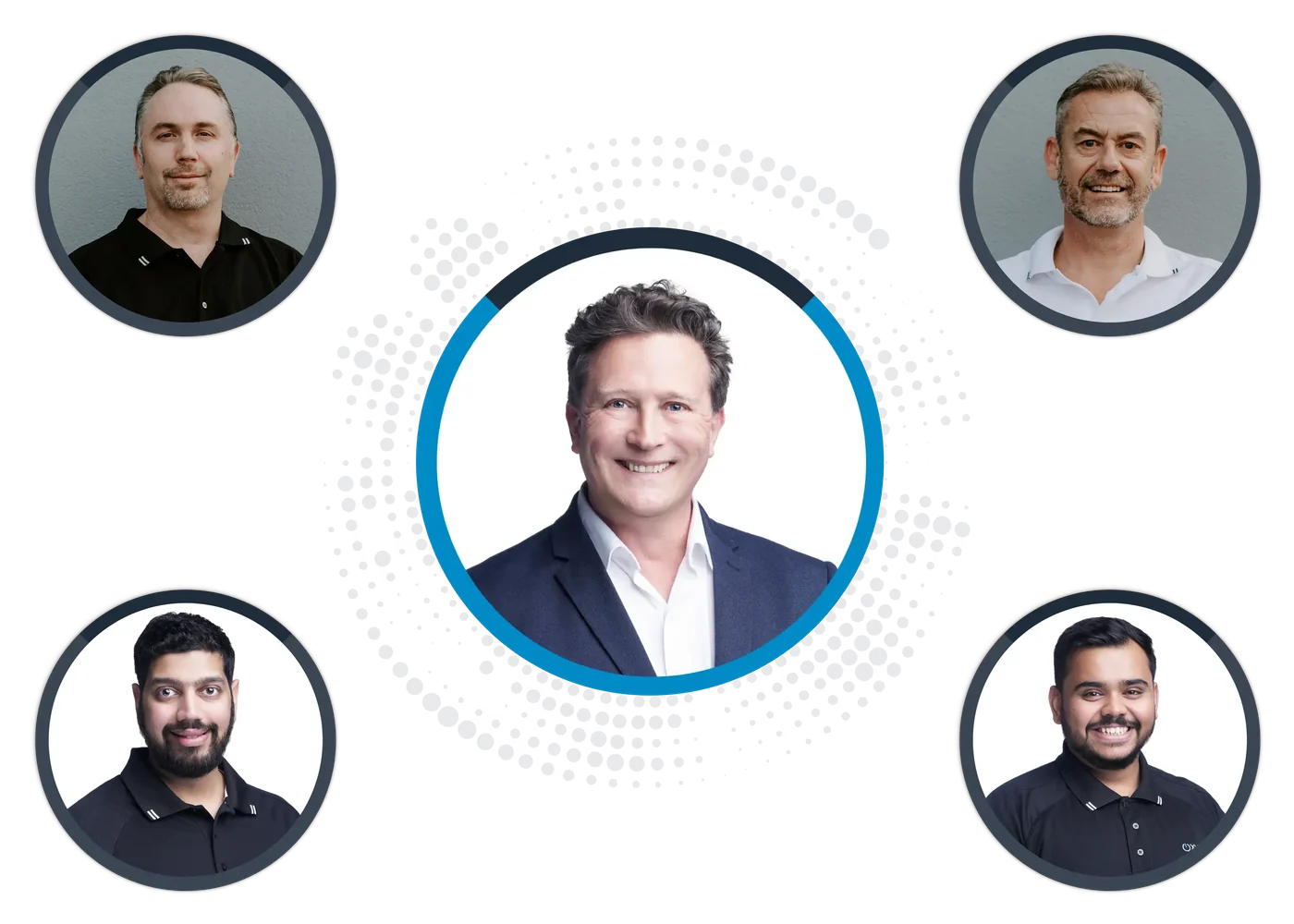 Tim Clarkson at the centre of the OxygenIT team: Stephen top left, Ray top right, Neel bottom left, Nirav bottom right