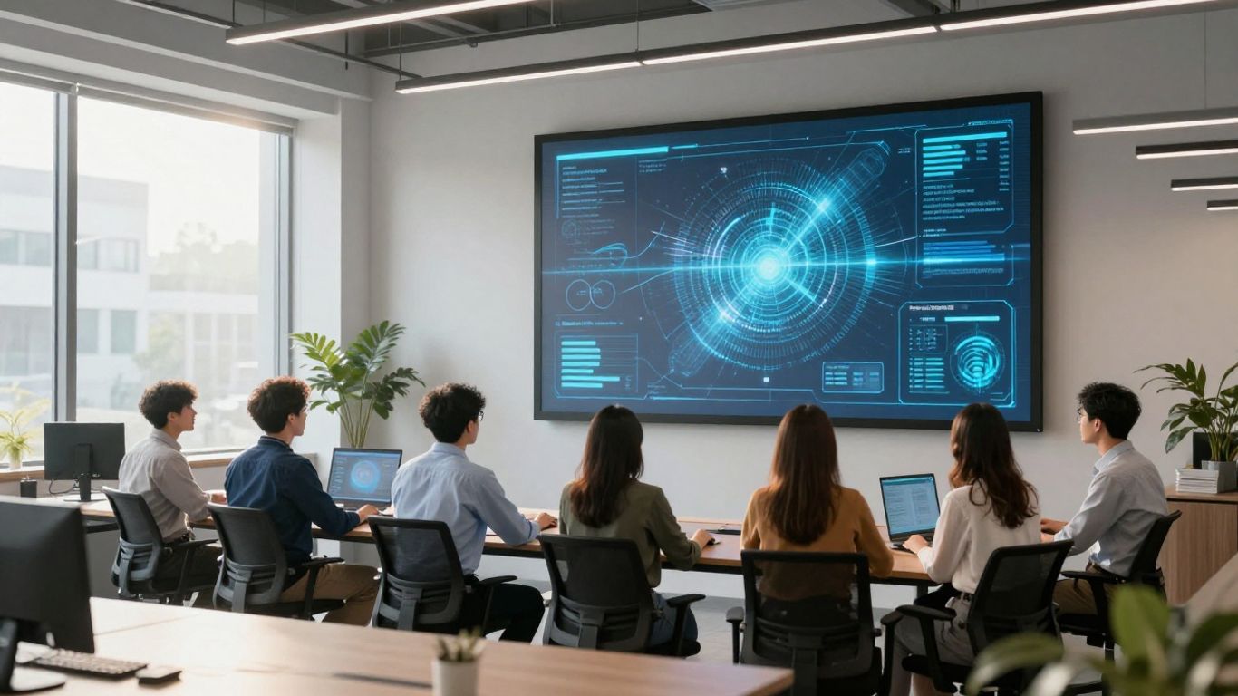Team collaborating with holographic AI data visualisation in modern office.